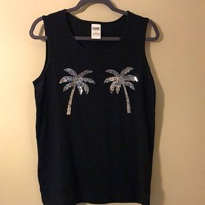 Pink (V.S.)Palm Tree Sequin Black Tank Top
